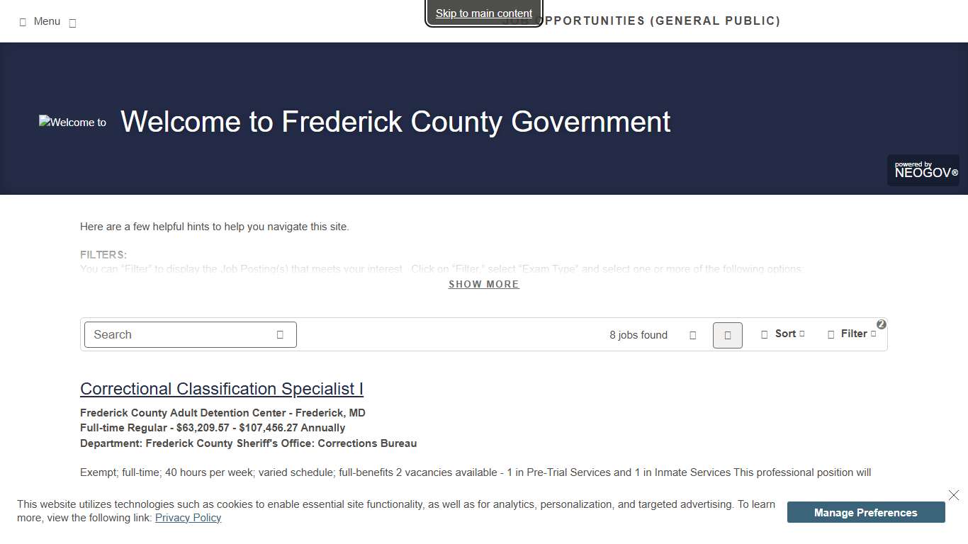 Job Opportunities (General Public) | Departments: Frederick County Sheriff's Office: Corrections Bureau, Frederick County Sheriff's Office: Law Enforcement | Sorted by Job Title ascending | Welcome to Frederick County Government