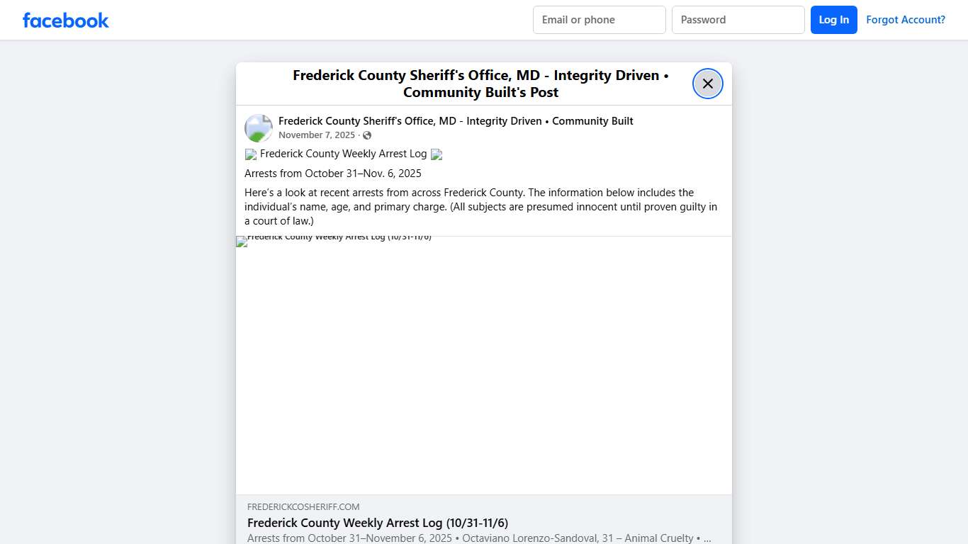 🚓 Frederick County Weekly Arrest Log 🚓 Arrests from October 31–Nov. 6, 2025 Here’s a look at recent arrests from across Frederick County. The information below includes the individual’s name, age, and primary charge. (All subjects are presumed innocent until proven guilty... - Frederick County Sheriff's Office, MD - Integrity Driven • Community Built | Facebook
